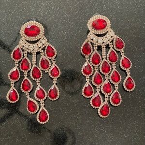 Statement Ruby Red Chandelier Earrings Pierced Princess Indian Aesthetic